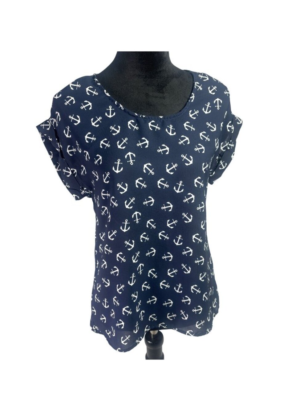Rue 21 Navy Blue Nautical Anchor Print Short Sleeve Blouse Top